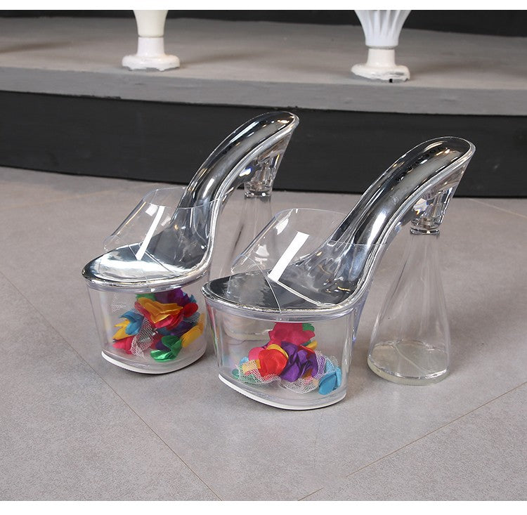 Women Slippers Fashion Female Model T Station Show Sexy Crystal Transparent Shoes 17.5CM High Heels Waterproof Platform Sandals