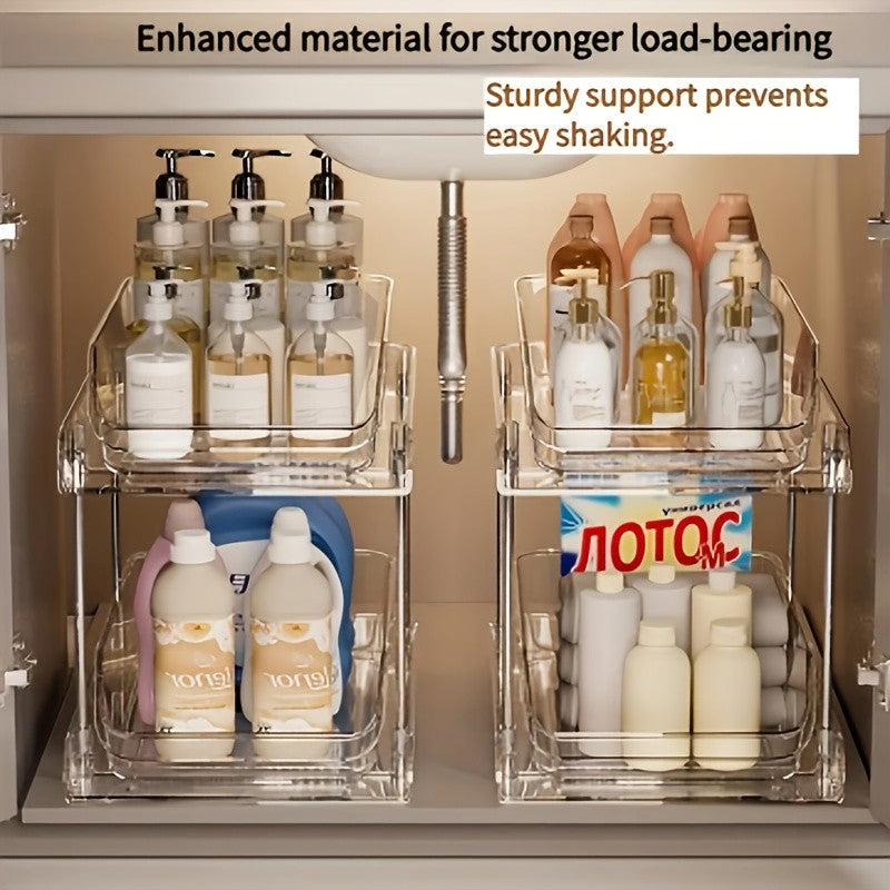 Pull-Out Under Sink Organizer with Shelf, Heavy-Duty Bathroom Storage Rack No Tools Needed for Easy Installation, Clear Shelves