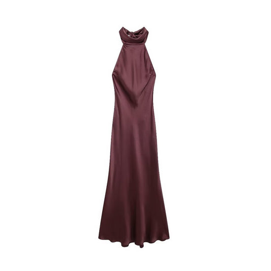 TRZA-Women's Long Satin Halter Dress, Backless, Bow Tied, Back Zipper, Female Dr