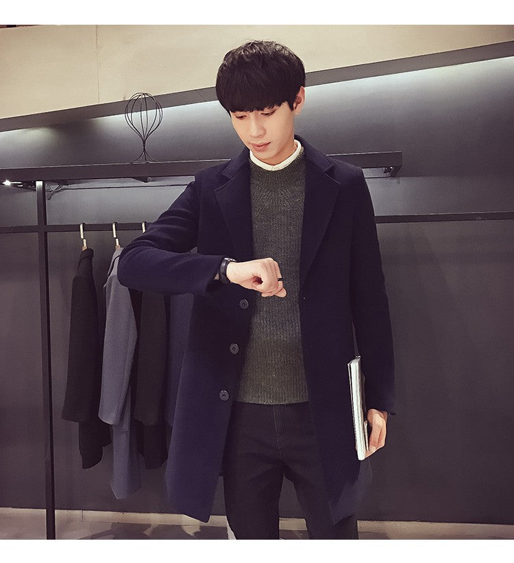 2024 Spring Autumn New Long Cotton Coat New Wool Blend Pure Color Casual Business Fashion Men's Clothing Slim Windbreaker Jacket