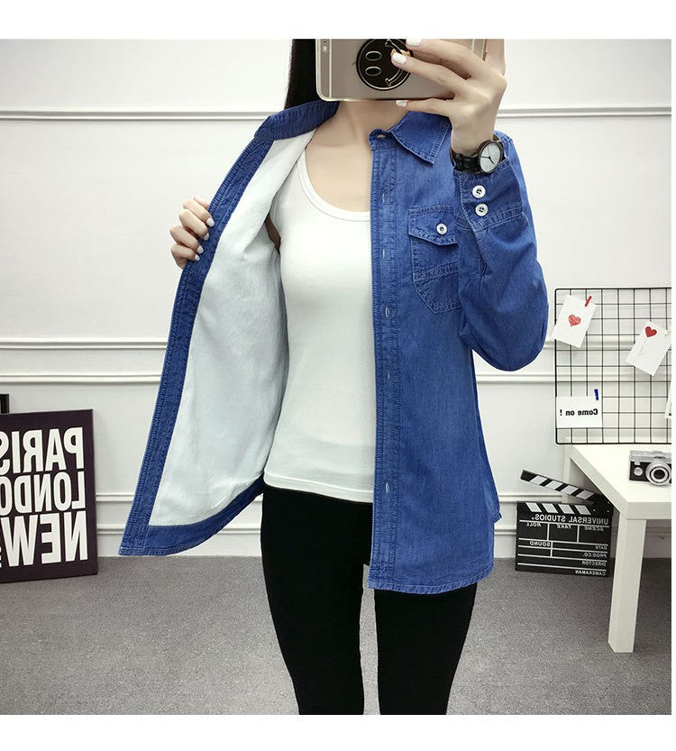 2022 Casual winter Autumn warm thick fleece denim Blouses Women Ladies Tops Women Blouses Long Sleeve Shirt clothe S-3XL