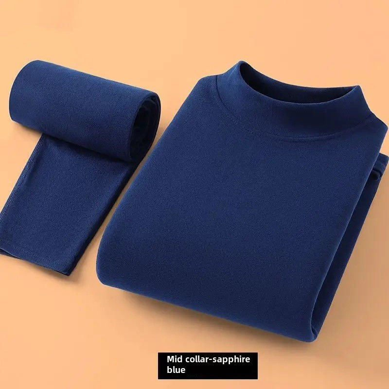 Winter Top and Pants Set Home Wear Warmth Solid Casual Men's Deerskin Thermal Suit High Collar Underwear Heat Velvet Tshirt Set