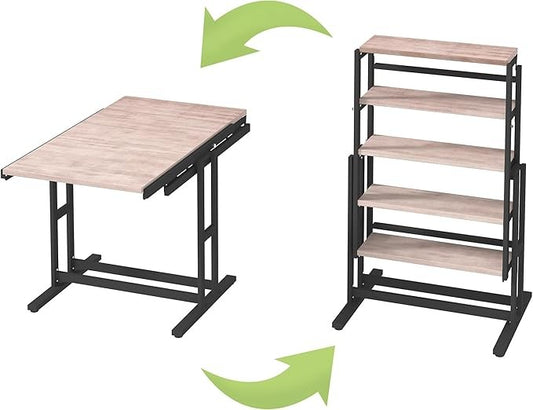 2-in-1 Shelf To Table Compact Furniture, Extendable Dining Table With Metal Frame, Convertible Kitchen Table For 4-6, 55inch