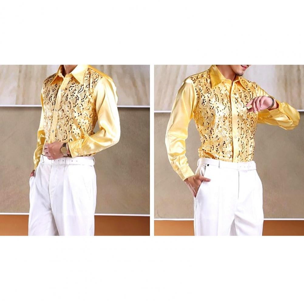 Men Sequins Shirt Adult Lapel Long Sleeved Dance Performance Shirt Costume Wedding Stage Shirt Slim Fit Casual Men Shirts Tops