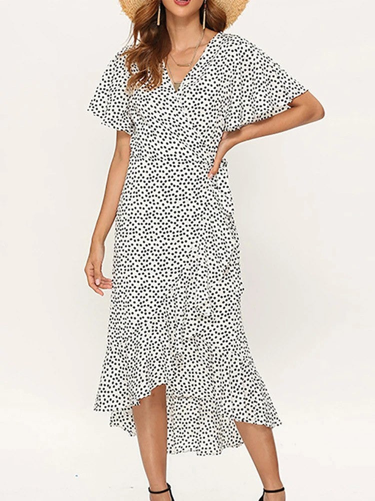 Summer Beach Maxi Dress Women Floral Print Boho Long Chiffon Dress Ruffles Wrap