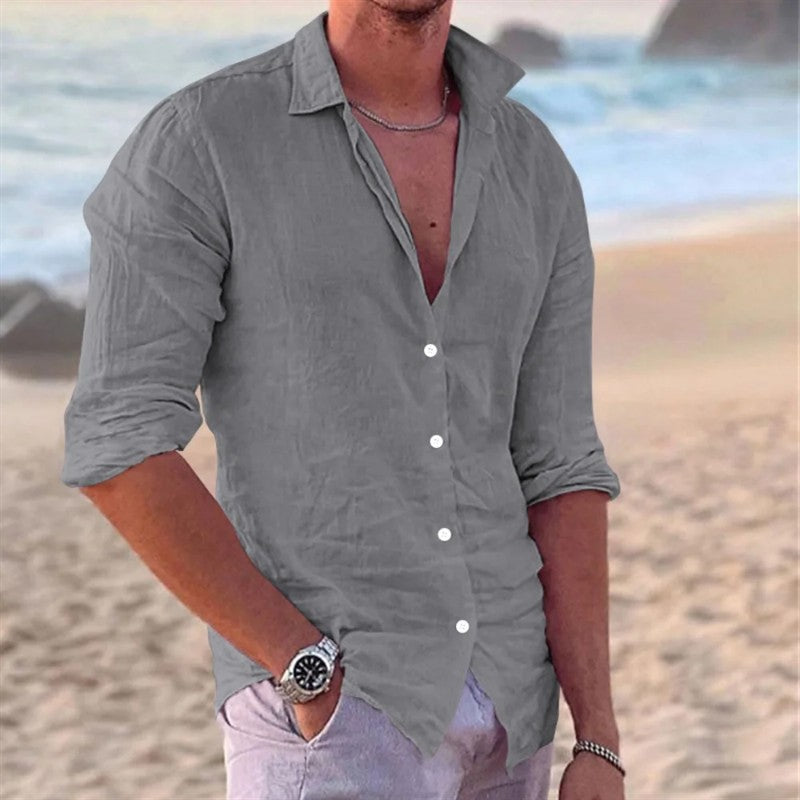 New Men's Cotton and Linen Long Sleeve Shirt Fashion Casual Lapel Beach Shirt Solid Color Hawaiian Vacation Shirt