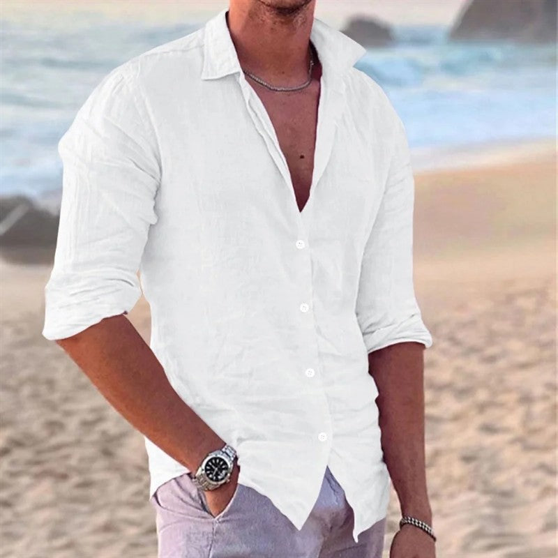 New Men's Cotton and Linen Long Sleeve Shirt Fashion Casual Lapel Beach Shirt Solid Color Hawaiian Vacation Shirt