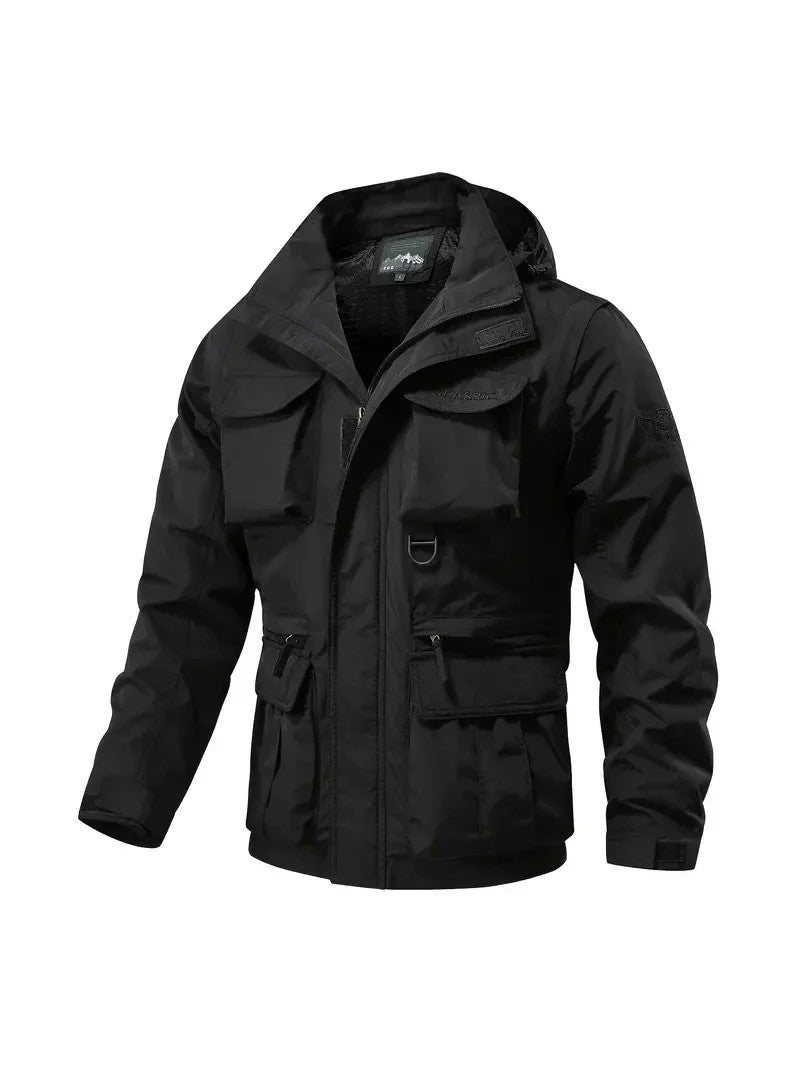 Men's Casual Waterproof Multi Bag Cargo Jacket Vest Suitable for Outdoor Activities Detachable Windproof Hooded Jacket Jacket