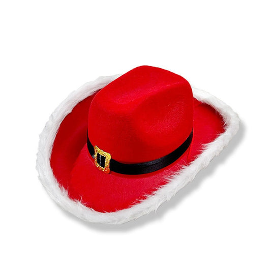 Chapéu de Cowboy Vermelho de Natal com Pena e Fivela Dourada, Chapéu de Festa Ocidental para Mulheres e Homens, Boné Flexível de Jazz Francês para o Natal