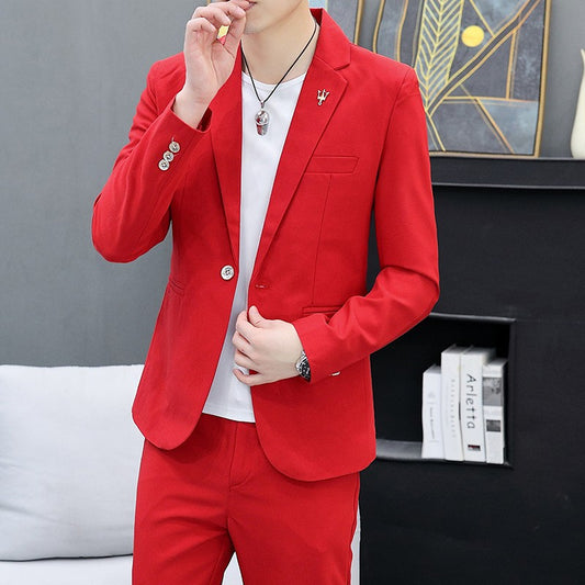 Men's Slim Fit Two-Piece Set Korean Style Spring Autumn Casual Trend British Hair Stylist Fashion Suit plus Trousers