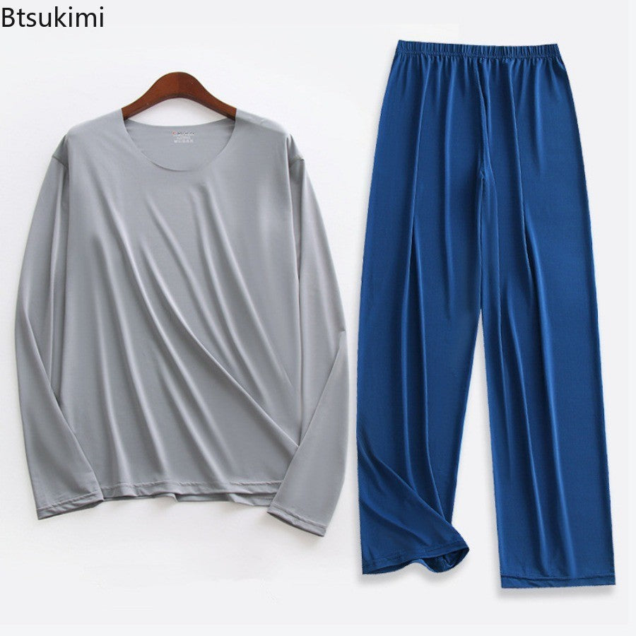 Plus Size 5XL Men Ice Silk Pajama Set Solid Long Sleeve Tops and Pants Sleepwear 2pcs Sets Soft Comfy Lounge Home Nightwear Male