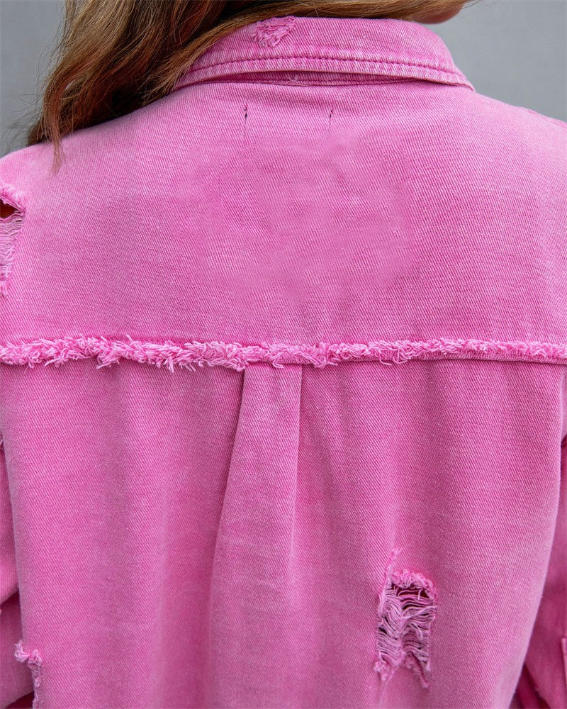 2025 Holes Raw-edges Denim Jacket Women Spring Autumn Shirt Style Jeancoat Casual Top Rose-Red Orange Purple Outerwear Lady Coat