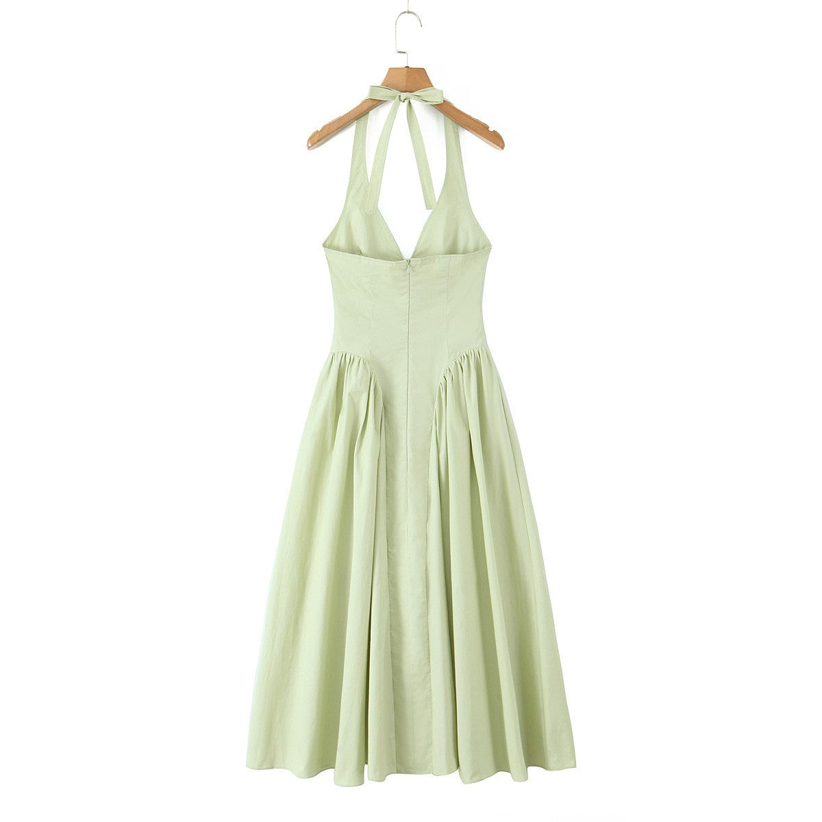 YENKYE Sexy Backless Green Elegant Halter Dress For Women Low Waist A-line Midi