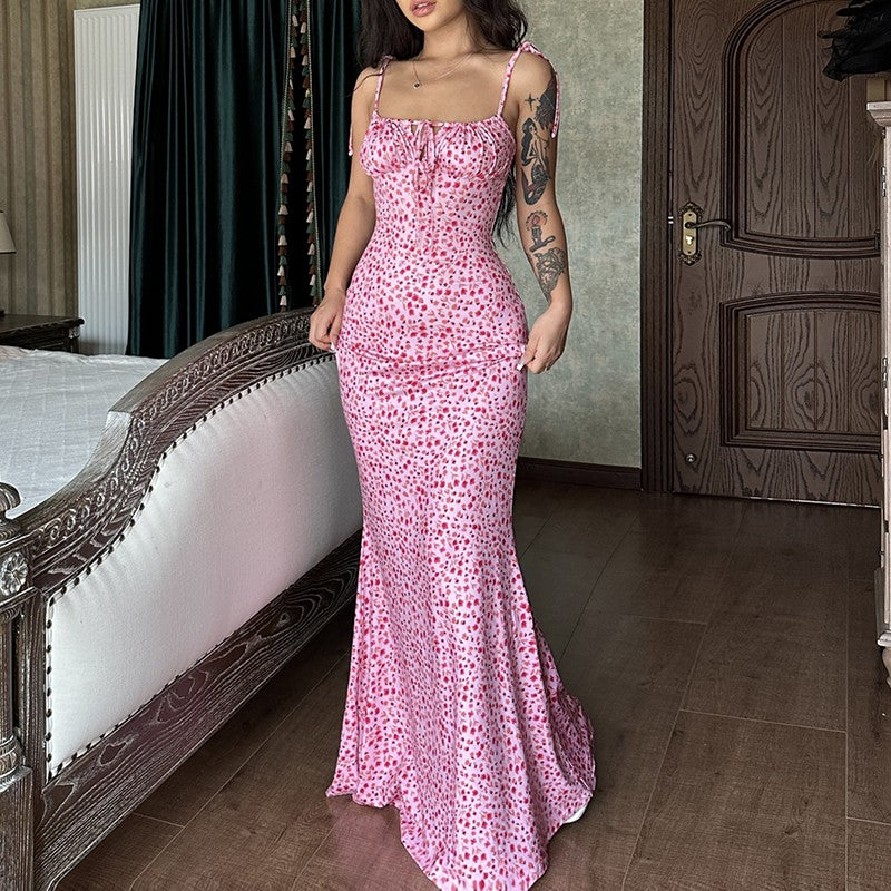 Hugcitar Floral Print Sleeveless Backless Slips Lace Up Maxi Dress Sexy Bodycon