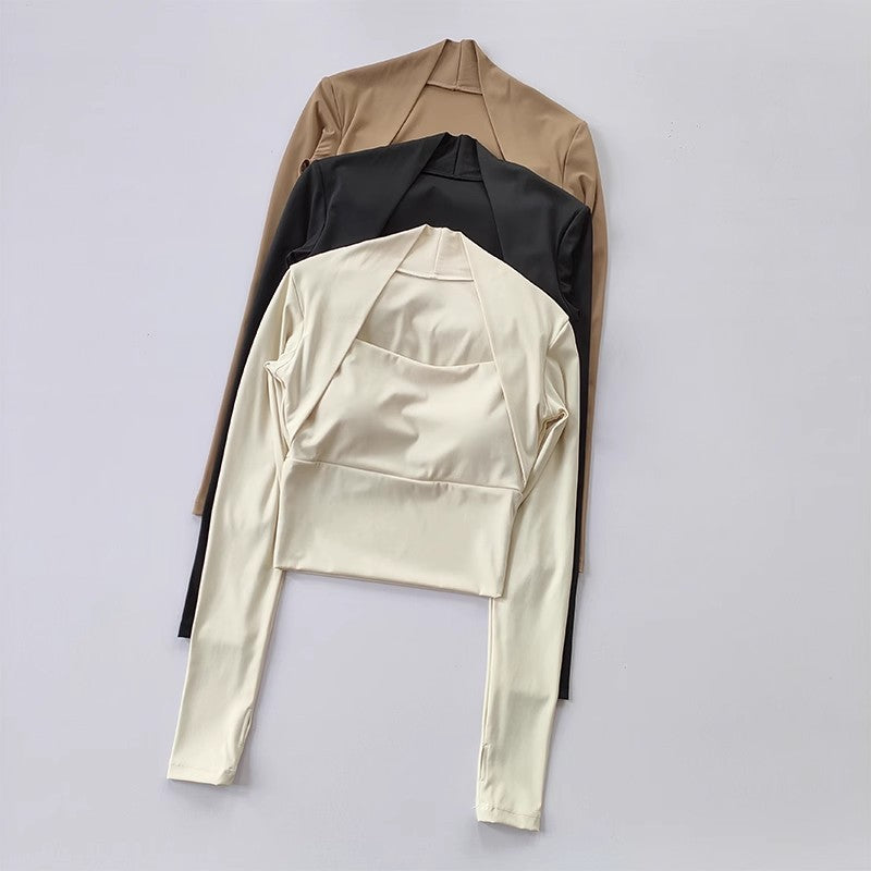 Women's Elegant Long Sleeve Yoga Shawl Sports Top with Chest Cushion Short Elegant Yoga Top Small Camback Pura Speed Dry Autumn