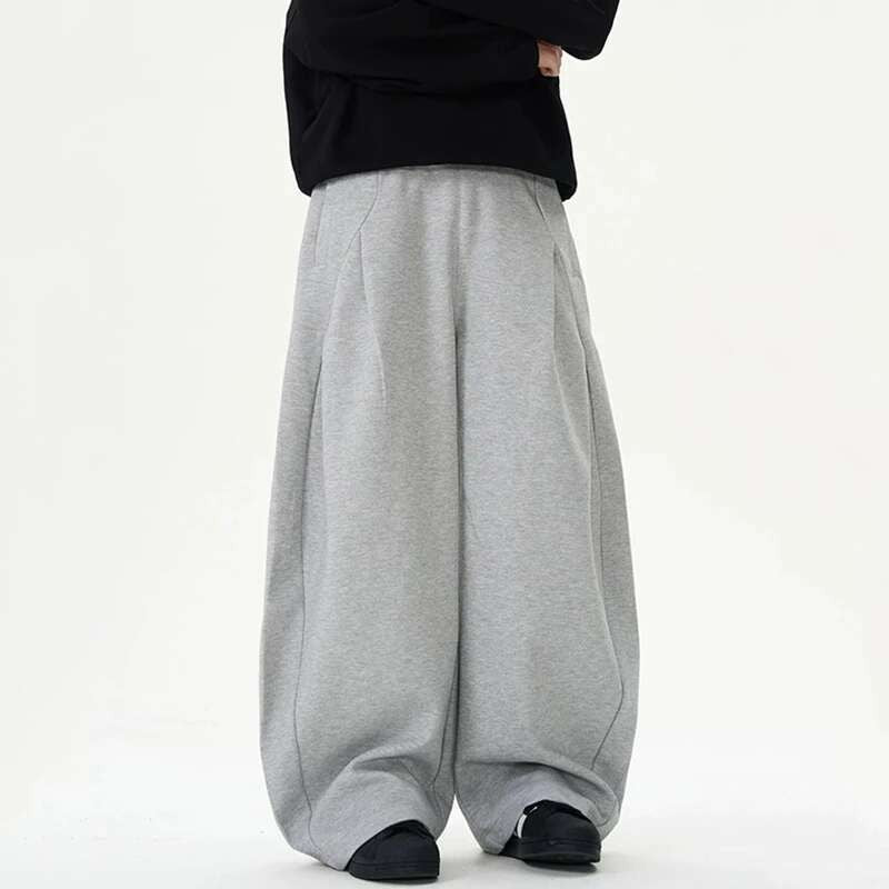 IEFB Pleated Design Men's Casual Pants Solid Color Elastic Waist Wide Leg Sweatpants Silhouette All-match Male Bottom New 9W1052