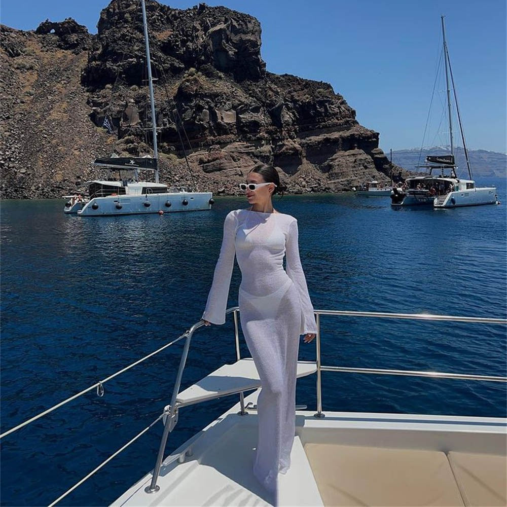 Fashion Women Wrapped Dress Long Sleeve Round Neck See Through Sunscreen Solid C