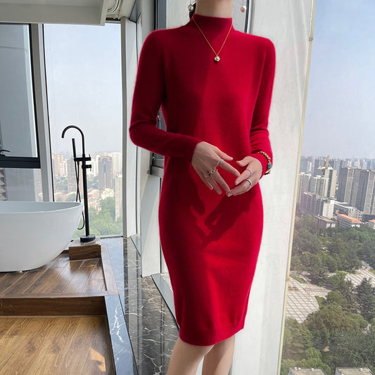 Autumn And Winter 100% Pure Wool Ladies Long Sweater Skirt Semi-High Collar Cashmere Dress Large Knit Bottoming Skirt