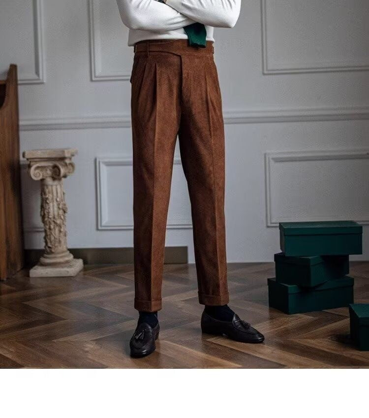 Italian Style Corduroy Naples Suit Pants Men High-waisted Adjustable Belt Straight Trousers Autumn England Business Casual Pant