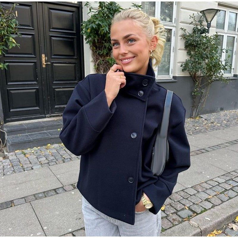 Fashion Stand Collar Solid Short Coat Women Casual Solid Single Breasted Loose Fit Coat 2025 Winter Chic Windproof Jackets