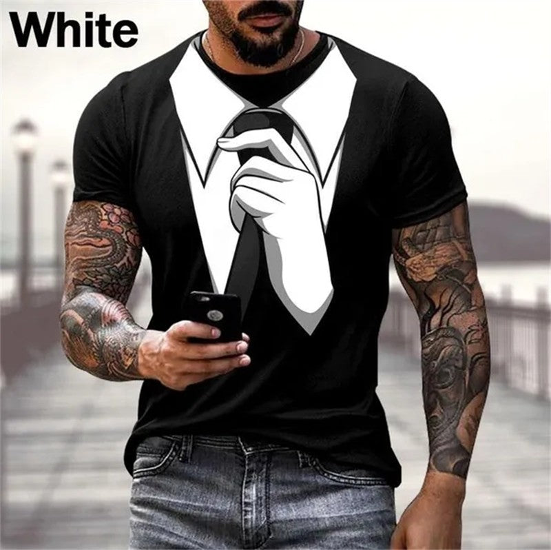 Mens Summer Fashion 3D Printed T-shirts Funny Fake Suit Cosplay Short Sleeve Cas