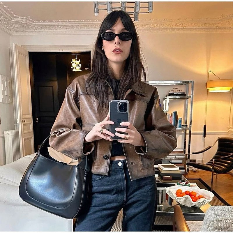 Full Sleeve Cropped Women Casual Slim Thin Motorcycle Coat Chic Zipper Lapel Wine Red Leather Jacket Lady New Highstreet Outwear
