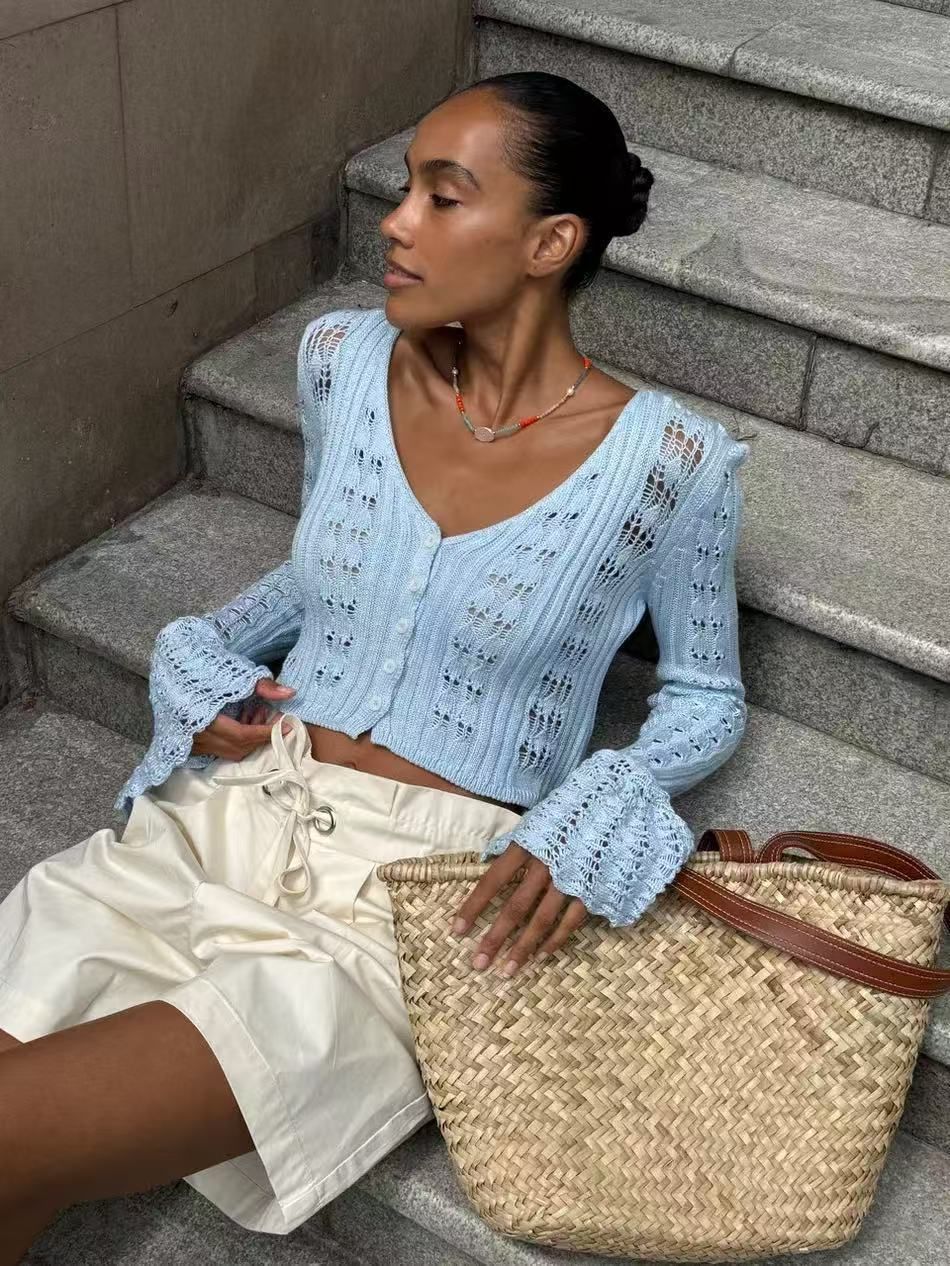 TARUXY Hollow Knitted Cardigan Women's Solid Long Sleeve V Neck Short Sweater Top Summer 2025 New Female Crochet Casual Outwear