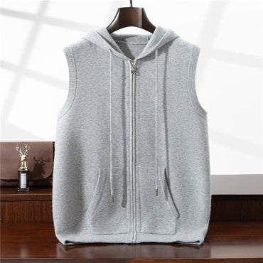Autumn Winter Thickened Warm 100% Pure Wool Vest Men's Vest with Hood Zipper Cardigan Casual Pocket Sweater Jacket