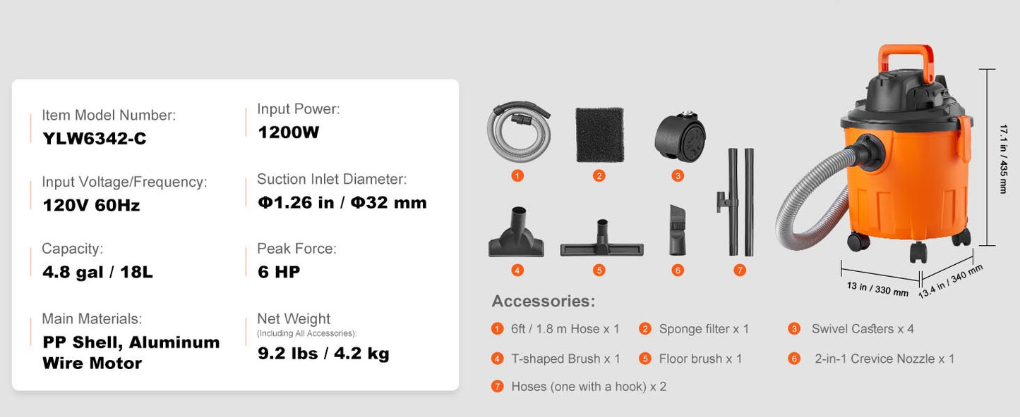 SucceBuy Stainless Steel Wet Dry Shop Vacuum Wet Dry Vac Powerful Suction Small Shop Vac Perfect for Carpet Debris Pet Hair