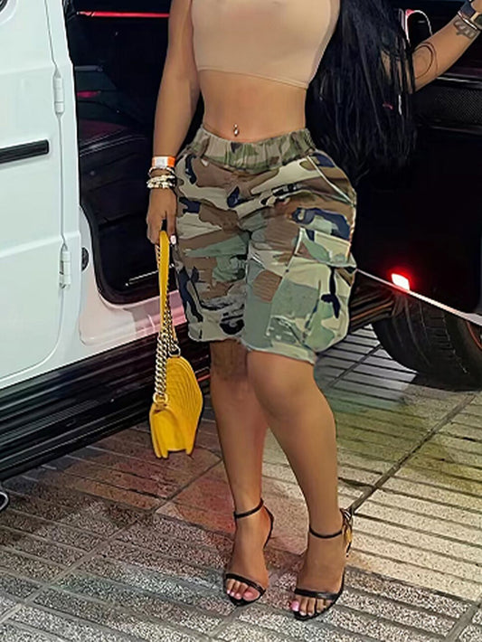 1338 New Product Rubber Waist Printed Camo Multi Pocket Casual Women's Shorts