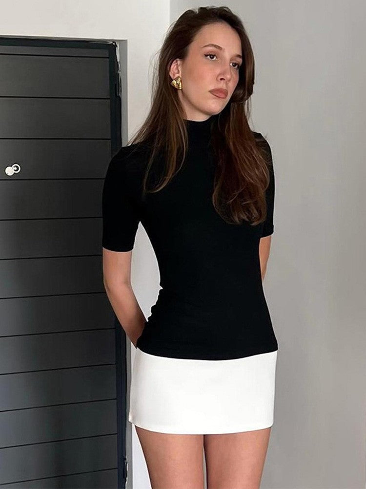Summer 2025 Turtleneck Half Sleeve Mini Dresses French Style Fashion Elegant Bla