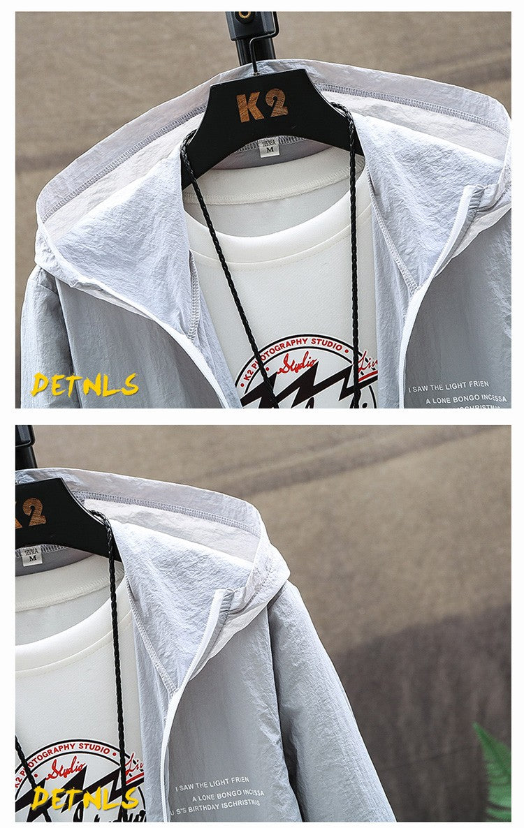 Summer Men's Sun Protection Shirt Thin Quick Drying Hood Windproof Jacket Breathable Letter Print Casual and Versatile Cardigan