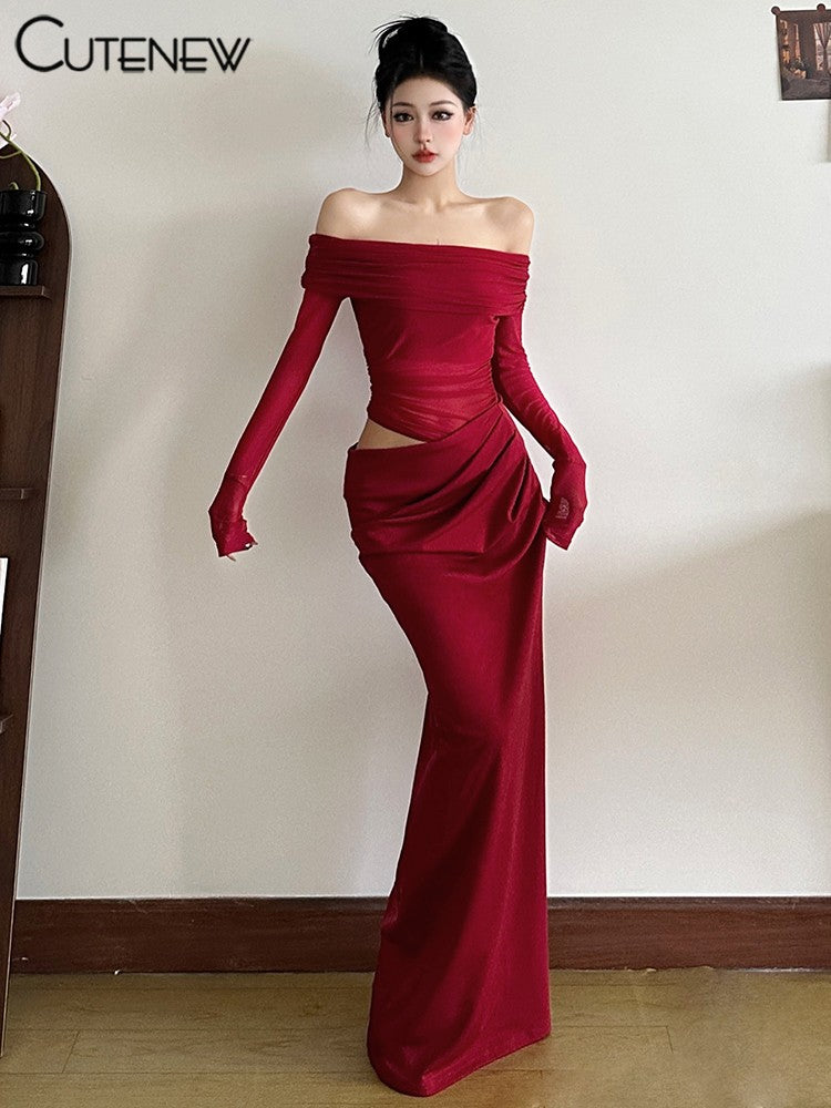 Cutenew Mesh Ruched Women Maxi Dress Sexy See Through Off Shoulder Long Sleeve S