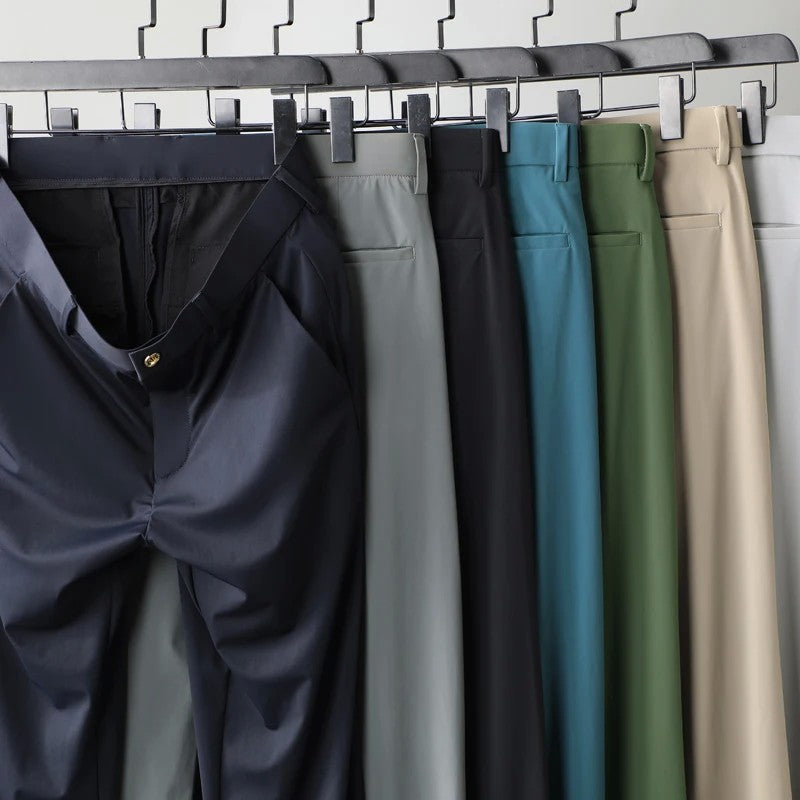 New Summer Men's Ice Silk High Stretch Business Suit Pants Male Army Green Blue Elastic Formal Office Straight Formal Trousers