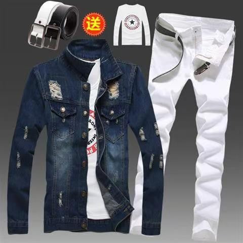 Men's Slim Fit Denim Jacket Pants 2pcs Set Long Sleeve Coats Letters Printed Casual Large Size Black White Red Boys Trousers