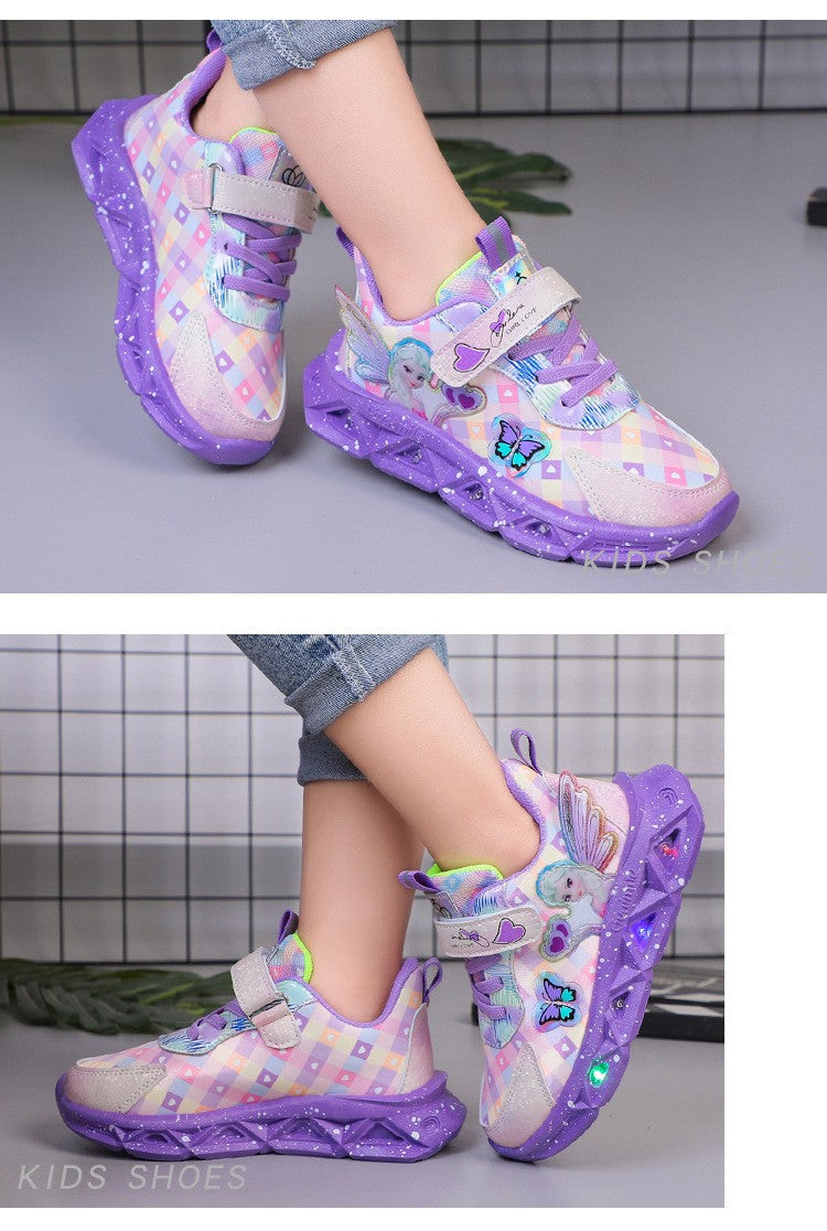 Disney Children's Sports Shoes Led Lights Sneaker Cartoon Frozen Princess Elsa PU Leather Girls' Pink Children's Running Shoes