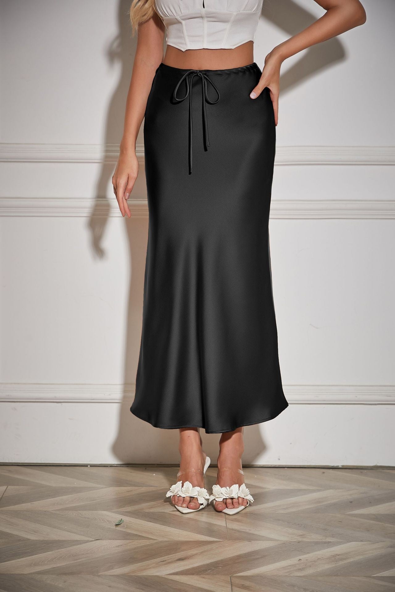 New In 2025 Spring Summer Solid Color Satin Long Skirt For Women High Waist Lace
