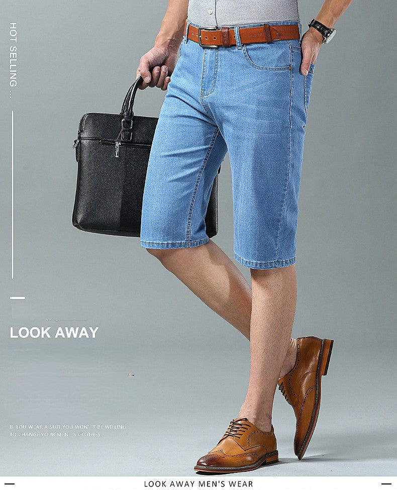 Summer Men Denim Shorts New Style Thin Embroidery Business Casual Straight  Short Jeans Male Brand Clothing Black Blue