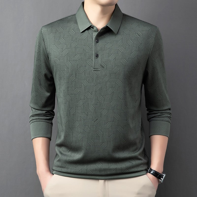 New Men's Business Casual Long Sleeved Shirt with Badge Solid Color Polo Shirt Fashionable Breathable Comfortable Versatile Top
