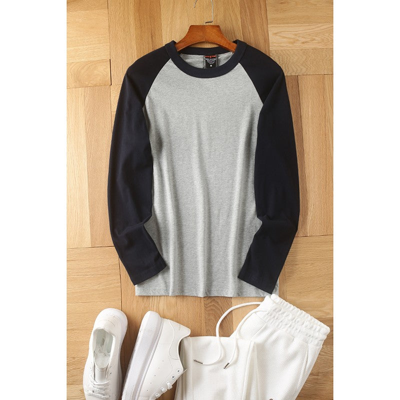 Summer New American Retro Raglan Long-sleeved O-neck Montage T-shirt Men's Fashion Simple 100%Cotton Washed Casual Sport Tops