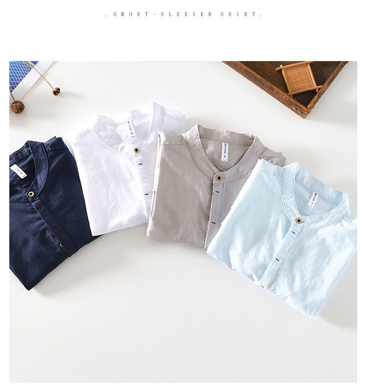 2024 Men's Linen Long-sleeved Shirt with Stand Collar, Youth Casual Loose Men's Cotton and Linen White Shirt.Beach Vacation Top