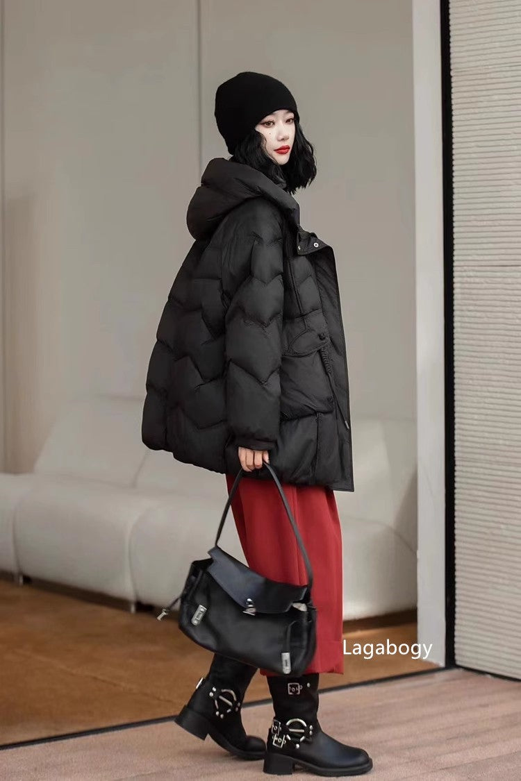 Lagabogy 2025 Women Autumn Winter Vintage Style Loose Casual Mid-Long Hooded Warm Puffer Coat Female 90% White Duck Down Jacket