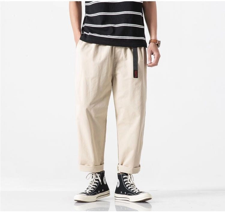 100% Cotton Casual Summer Pants With Belt Men Straight Baggy Ankle-Length Cargo Trousers Wide Leg Sweatpants Male Streetwear