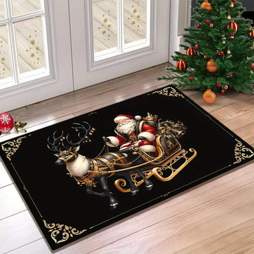 VIKAMA Christmas Welcome Doormat Lightweight, Machine-Washable Black & Gold Reindeer Print Rug Holiday Home Decor