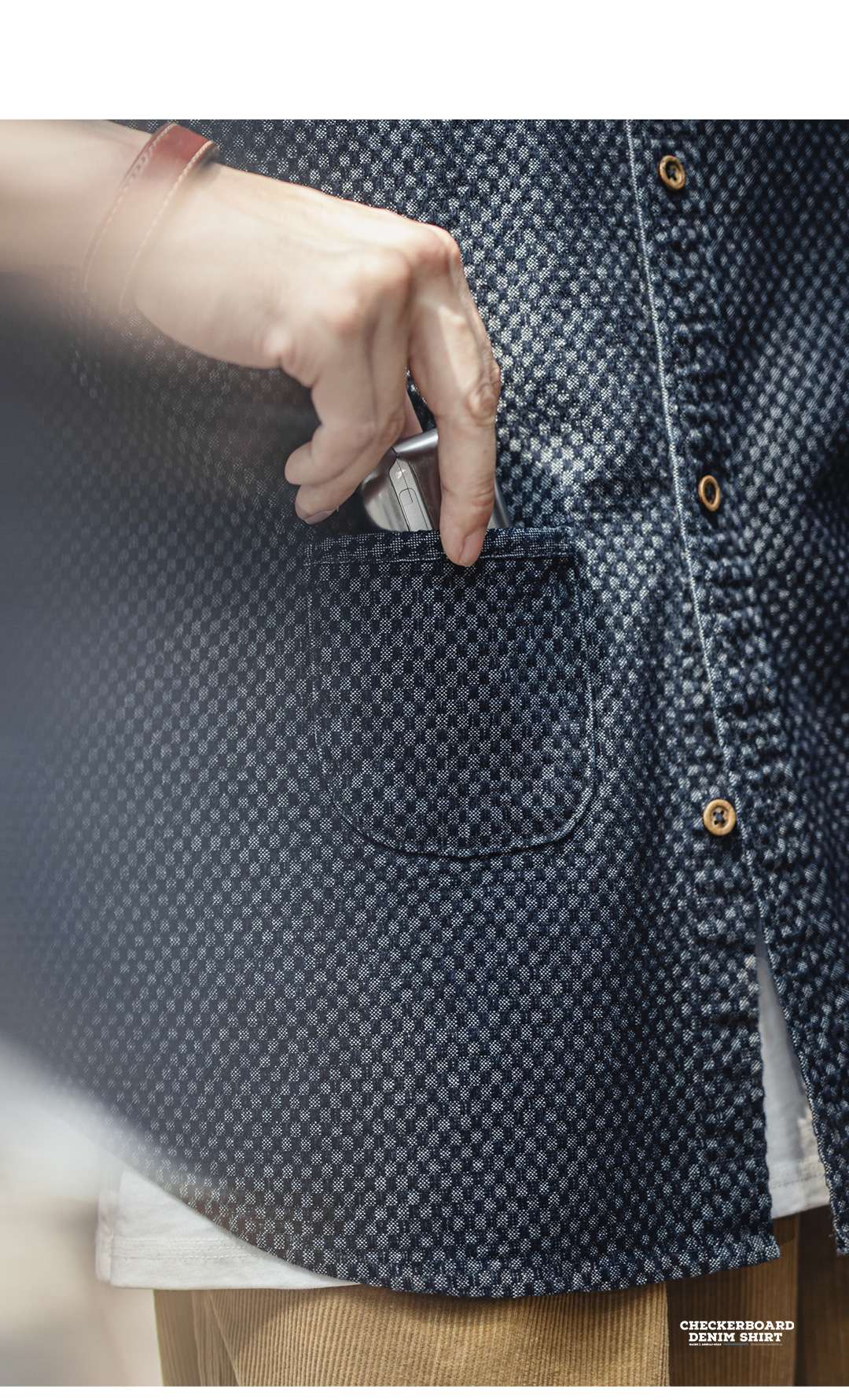 Maden Retro Checkered Long-sleeved Denim Shirt Loose Lapel Single-breasted Jacket for Men Spring and Fall Versatile Outerwear