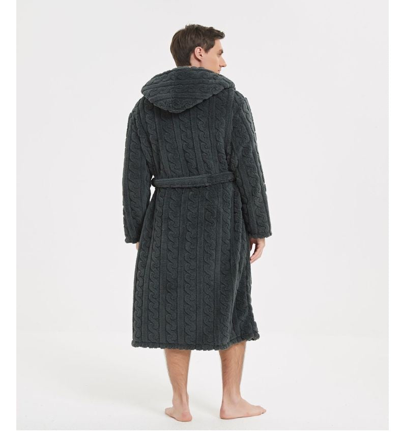 New American Cotton Velvet Jacquard Hooded Men's Dressing Gown with Fleece Thickened Autumn and Winter Couple Dressing Gown