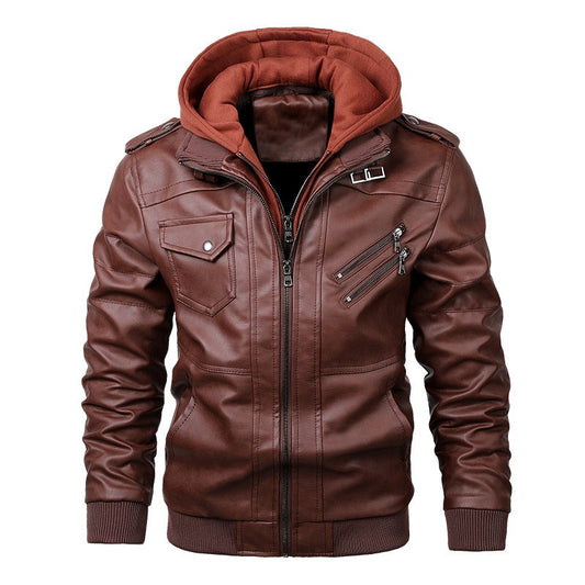 Jaqueta Masculina Falsa Duas Peças de Couro com Zíper Duplo Capuz Removível, Casaco de Couro Biker Masculino, Cardigã Sobretudo