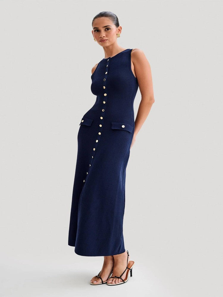 2024 Summer Elegant Lady Knitted Single Breasted Long Dresses Women Solid Sleeve