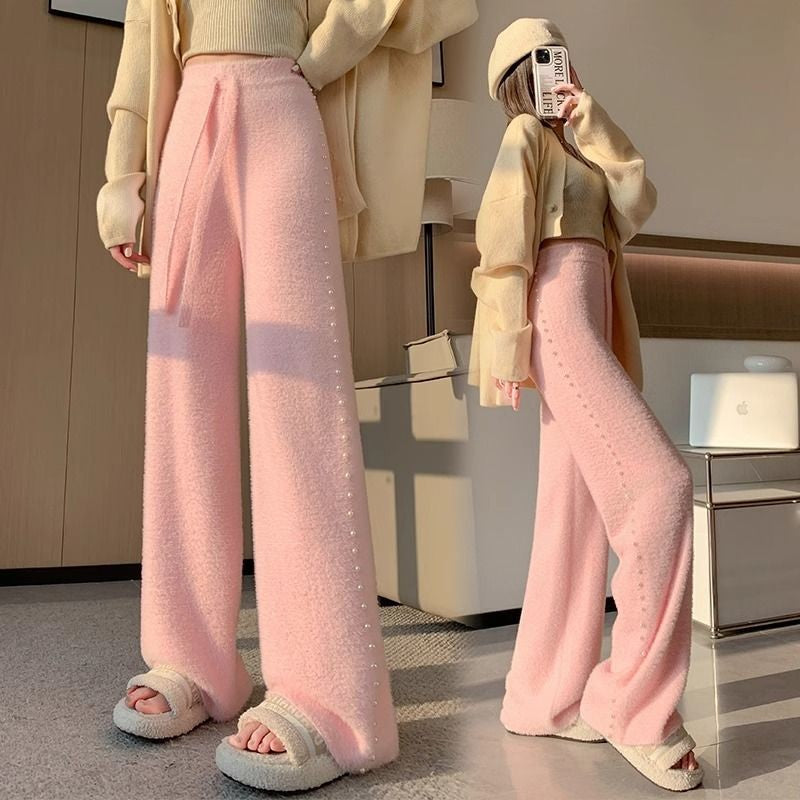 Pink Mink Fur Nail Bead Knitted Wide Leg Pants for Women in Autumn and Winter Lazy and Relaxed Casual Straight Leg Long Pants