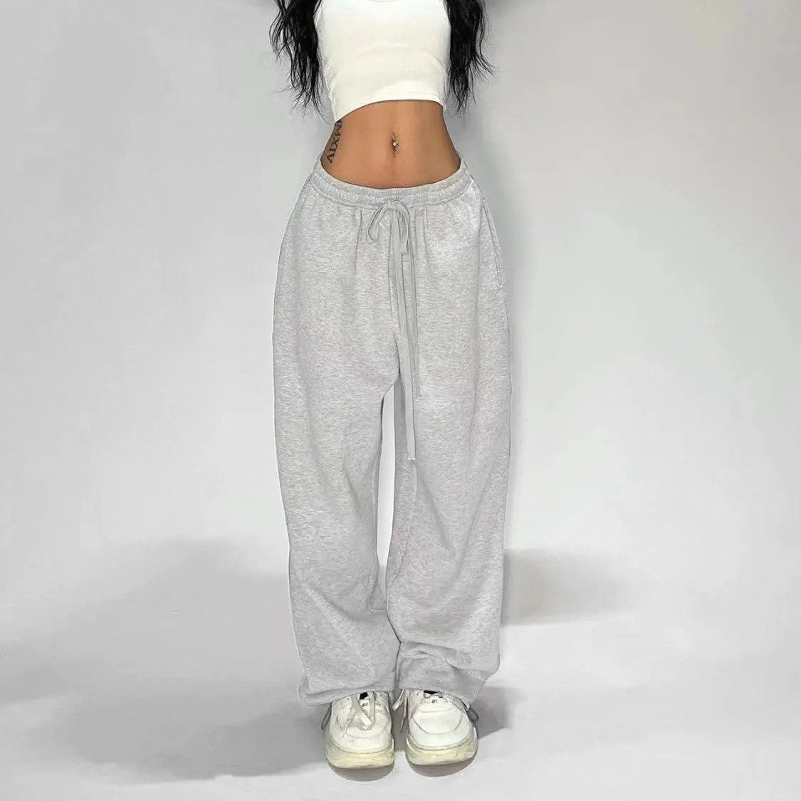 Oversize Woman Grey Black Sweatpants Y2K Korean Streetwear Loose Casual Jogger Pants High Waist All Match Drawstring Trousers